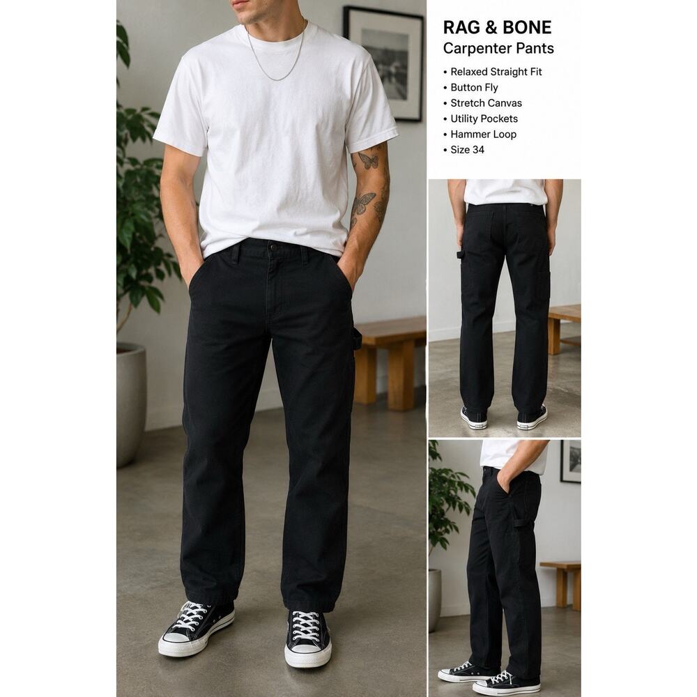 Rag & Bone Carpenter Pants Mens 34 Black Canvas Relaxed Straight Button Fly